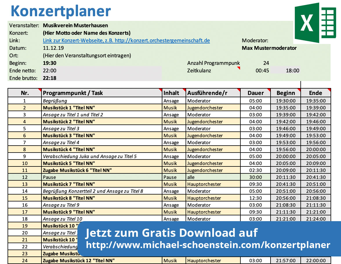 Konzertplaner für Musikvereine und Orchester als Excel Arbeitshilfe zum Gratis Download von Michael Schönstein